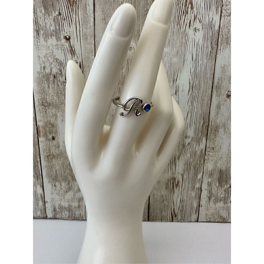 Letter R Initial Ring 925 Sterling Silver Adjustable Blue Crystal Birthday Chris